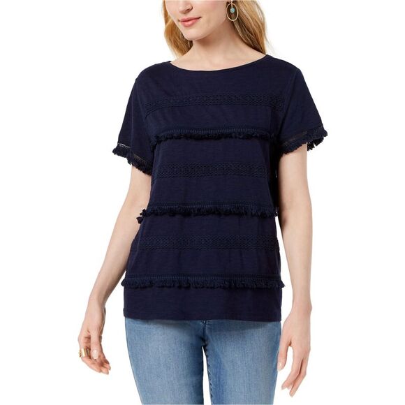 Style & Co. Womens Fringed Trim Basic T-Shirt, Blue, NWT - Picture 1 of 1
